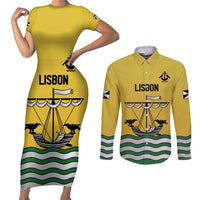 Personalized Lisbon Portugal Couples Matching Short Sleeve Bodycon Dress and Long Sleeve Button Shirt Flag Style - Wonder Print Shop