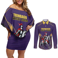 Custom Trinidad and Tobago Cricket Couples Matching Off Shoulder Short Dress and Long Sleeve Button Shirt Go Champion Knight Riders - Wonder Print Shop
