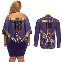 Custom Trinidad and Tobago Cricket Couples Matching Off Shoulder Short Dress and Long Sleeve Button Shirt Go Champion Knight Riders - Wonder Print Shop