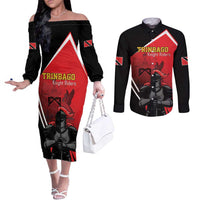Custom Trinidad and Tobago Cricket Knight Riders Couples Matching Off The Shoulder Long Sleeve Dress and Long Sleeve Button Shirt Go Champion - Wonder Print Shop