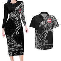Denmark Viking Ravens Couples Matching Long Sleeve Bodycon Dress and Hawaiian Shirt Vegvisir Runes Pattern - Wonder Print Shop