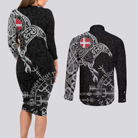 Denmark Viking Ravens Couples Matching Long Sleeve Bodycon Dress and Long Sleeve Button Shirt Vegvisir Runes Pattern - Wonder Print Shop
