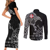 Denmark Viking Ravens Couples Matching Short Sleeve Bodycon Dress and Long Sleeve Button Shirt Vegvisir Runes Pattern - Wonder Print Shop
