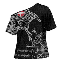 Denmark Viking Ravens Cross Shoulder Shirt Vegvisir Runes Pattern - Wonder Print Shop