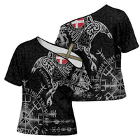 Denmark Viking Ravens Cross Shoulder Shirt Vegvisir Runes Pattern - Wonder Print Shop