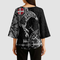 Denmark Viking Ravens Kimono Sleeve Blouse Vegvisir Runes Pattern - Wonder Print Shop