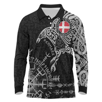 Denmark Viking Ravens Long Sleeve Polo Shirt Vegvisir Runes Pattern - Wonder Print Shop