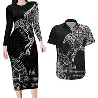 Norway Viking Ravens Couples Matching Long Sleeve Bodycon Dress and Hawaiian Shirt Vegvisir Runes Pattern - Wonder Print Shop