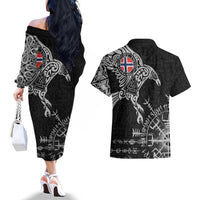 Norway Viking Ravens Couples Matching Off The Shoulder Long Sleeve Dress and Hawaiian Shirt Vegvisir Runes Pattern - Wonder Print Shop