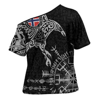 Norway Viking Ravens Cross Shoulder Shirt Vegvisir Runes Pattern - Wonder Print Shop