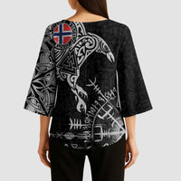 Norway Viking Ravens Kimono Sleeve Blouse Vegvisir Runes Pattern - Wonder Print Shop