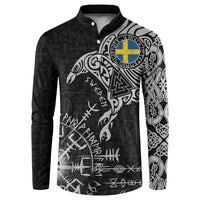 Sweden Viking Ravens Button Sweatshirt Vegvisir Runes Pattern - Wonder Print Shop