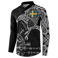 Sweden Viking Ravens Button Sweatshirt Vegvisir Runes Pattern - Wonder Print Shop