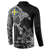 Sweden Viking Ravens Button Sweatshirt Vegvisir Runes Pattern - Wonder Print Shop