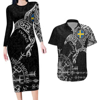 Sweden Viking Ravens Couples Matching Long Sleeve Bodycon Dress and Hawaiian Shirt Vegvisir Runes Pattern - Wonder Print Shop