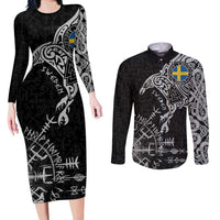 Sweden Viking Ravens Couples Matching Long Sleeve Bodycon Dress and Long Sleeve Button Shirt Vegvisir Runes Pattern - Wonder Print Shop