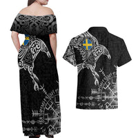 Sweden Viking Ravens Couples Matching Off Shoulder Maxi Dress and Hawaiian Shirt Vegvisir Runes Pattern - Wonder Print Shop
