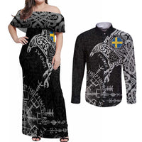 Sweden Viking Ravens Couples Matching Off Shoulder Maxi Dress and Long Sleeve Button Shirt Vegvisir Runes Pattern - Wonder Print Shop