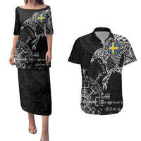Sweden Viking Ravens Couples Matching Puletasi and Hawaiian Shirt Vegvisir Runes Pattern - Wonder Print Shop