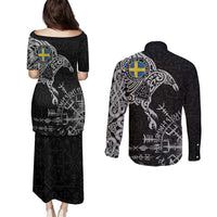 Sweden Viking Ravens Couples Matching Puletasi and Long Sleeve Button Shirt Vegvisir Runes Pattern - Wonder Print Shop