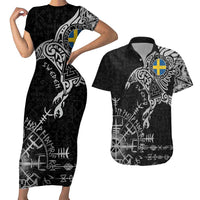 Sweden Viking Ravens Couples Matching Short Sleeve Bodycon Dress and Hawaiian Shirt Vegvisir Runes Pattern - Wonder Print Shop