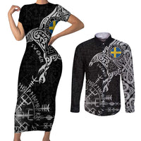 Sweden Viking Ravens Couples Matching Short Sleeve Bodycon Dress and Long Sleeve Button Shirt Vegvisir Runes Pattern - Wonder Print Shop