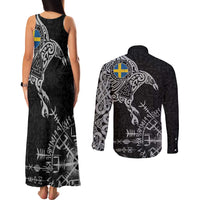 Sweden Viking Ravens Couples Matching Tank Maxi Dress and Long Sleeve Button Shirt Vegvisir Runes Pattern - Wonder Print Shop