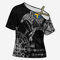 Sweden Viking Ravens Cross Shoulder Shirt Vegvisir Runes Pattern - Wonder Print Shop