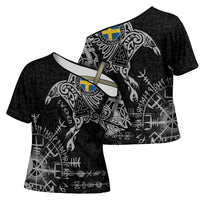 Sweden Viking Ravens Cross Shoulder Shirt Vegvisir Runes Pattern - Wonder Print Shop