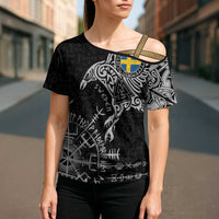 Sweden Viking Ravens Cross Shoulder Shirt Vegvisir Runes Pattern - Wonder Print Shop