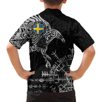 Sweden Viking Ravens Family Matching Off The Shoulder Long Sleeve Dress and Hawaiian Shirt Vegvisir Runes Pattern - Wonder Print Shop