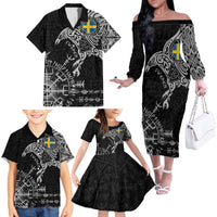Sweden Viking Ravens Family Matching Off The Shoulder Long Sleeve Dress and Hawaiian Shirt Vegvisir Runes Pattern - Wonder Print Shop