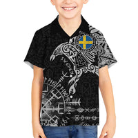 Sweden Viking Ravens Family Matching Off Shoulder Maxi Dress and Hawaiian Shirt Vegvisir Runes Pattern - Wonder Print Shop