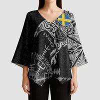 Sweden Viking Ravens Kimono Sleeve Blouse Vegvisir Runes Pattern - Wonder Print Shop