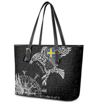 Sweden Viking Ravens Leather Tote Bag Vegvisir Runes Pattern - Wonder Print Shop