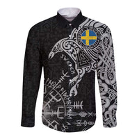 Sweden Viking Ravens Long Sleeve Button Shirt Vegvisir Runes Pattern - Wonder Print Shop