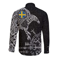 Sweden Viking Ravens Long Sleeve Button Shirt Vegvisir Runes Pattern - Wonder Print Shop