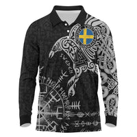 Sweden Viking Ravens Long Sleeve Polo Shirt Vegvisir Runes Pattern - Wonder Print Shop