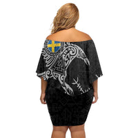 Sweden Viking Ravens Off Shoulder Short Dress Vegvisir Runes Pattern - Wonder Print Shop