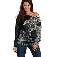 Sweden Viking Ravens Off Shoulder Sweater Vegvisir Runes Pattern - Wonder Print Shop