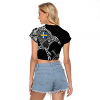 Sweden Viking Ravens Raglan Cropped T Shirt Vegvisir Runes Pattern - Wonder Print Shop