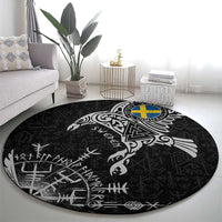 Sweden Viking Ravens Round Carpet Vegvisir Runes Pattern - Wonder Print Shop