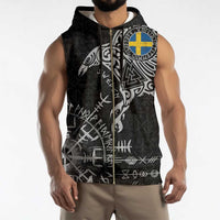 Sweden Viking Ravens Sleeveless Zip Hoodie Vegvisir Runes Pattern - Wonder Print Shop