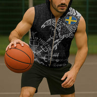 Sweden Viking Ravens Sleeveless Zip Hoodie Vegvisir Runes Pattern - Wonder Print Shop