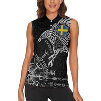 Sweden Viking Ravens Women Sleeveless Polo Shirt Vegvisir Runes Pattern - Wonder Print Shop
