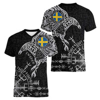 Sweden Viking Ravens Women V-Neck T-Shirt Vegvisir Runes Pattern - Wonder Print Shop