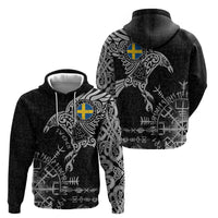 Sweden Viking Ravens Zip Hoodie Vegvisir Runes Pattern - Wonder Print Shop