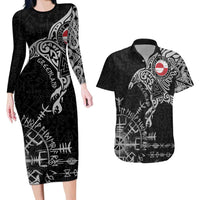 Greenland Viking Ravens Couples Matching Long Sleeve Bodycon Dress and Hawaiian Shirt Vegvisir Runes Pattern - Wonder Print Shop