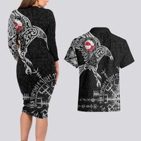 Greenland Viking Ravens Couples Matching Long Sleeve Bodycon Dress and Hawaiian Shirt Vegvisir Runes Pattern - Wonder Print Shop