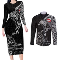 Greenland Viking Ravens Couples Matching Long Sleeve Bodycon Dress and Long Sleeve Button Shirt Vegvisir Runes Pattern - Wonder Print Shop